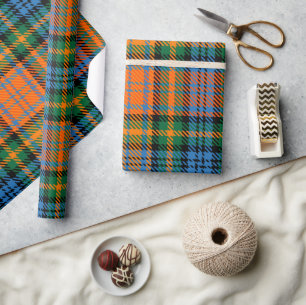Plaid Blauw Sinaasappel Groen Rustiek Tartan Cadeaupapier