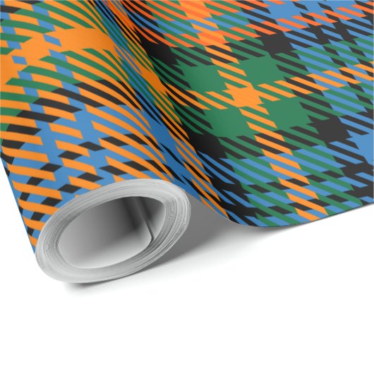 Plaid Blauw Sinaasappel Groen Rustiek Tartan Cadeaupapier (Rol Hoek)