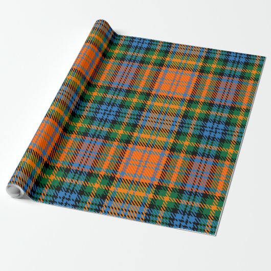 Plaid Blauw Sinaasappel Groen Rustiek Tartan Cadeaupapier (Uitgerold)