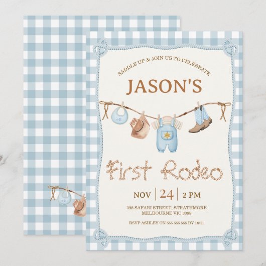 Plaid Blauwe waslijn Western Rodeo 1e verjaardag Kaart (Voorkant / Achterkant)