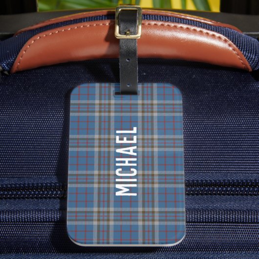 Plaid Blue Grey Checkered Custom Thompson Tartan Bagagelabel (Voorkant Insitu 2)