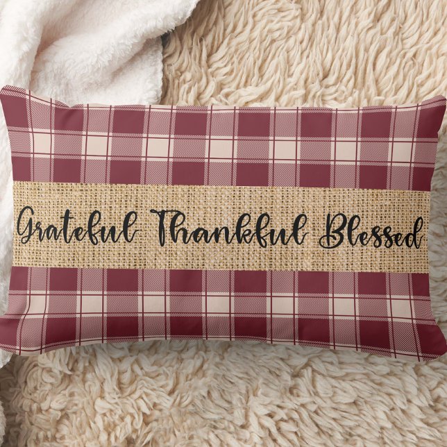 Plaid Boerderij Rustiek Sierkussen Kussen (Red and cream colored plaid throw pillow with the phrase, grateful, thankful, blessed)