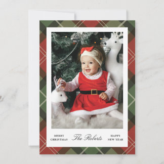 Plaid Border Christmas and New Year Photo Card Feestdagenkaart