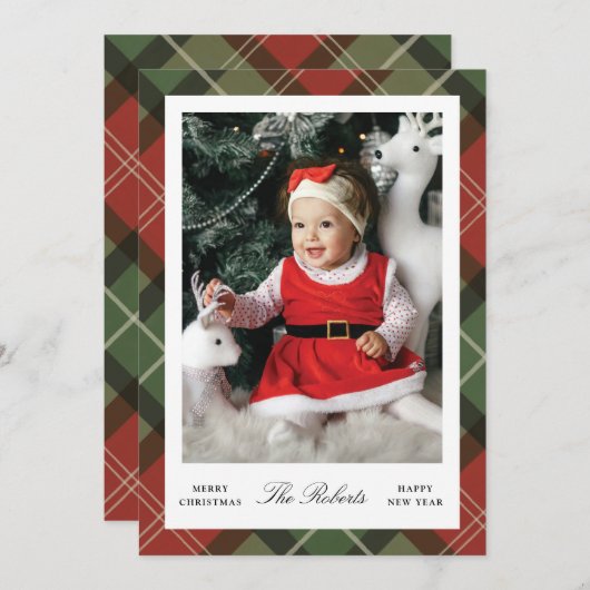 Plaid Border Christmas and New Year Photo Card Feestdagenkaart (Voorkant / Achterkant)