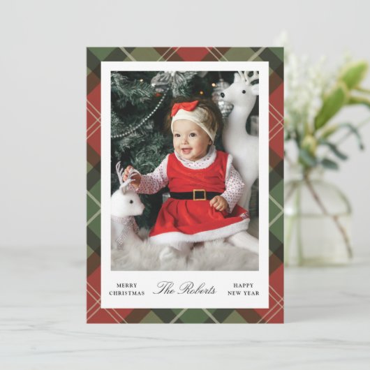 Plaid Border Christmas and New Year Photo Card Feestdagenkaart (Staand voorkant)