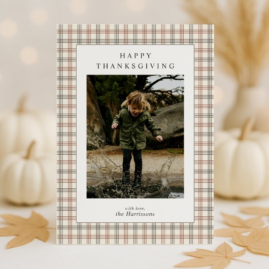 Plaid Border Modern Thanksgiving Photo Card Kaart