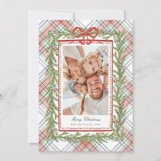 Plaid Bow Family Photo Christmas Holiday Feestdagenkaart (Voorkant)