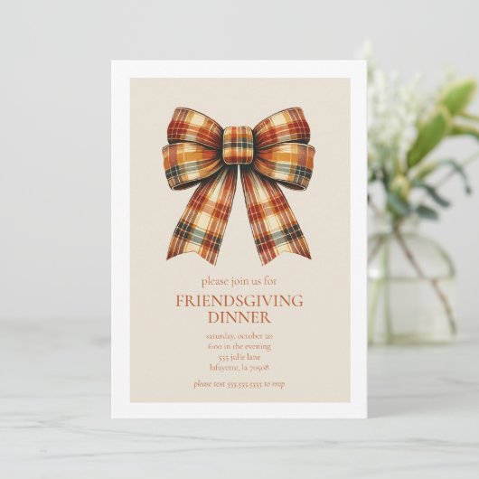 Plaid Bow Friendsgiving Thanksgiving Diner Kaart (Staand voorkant)
