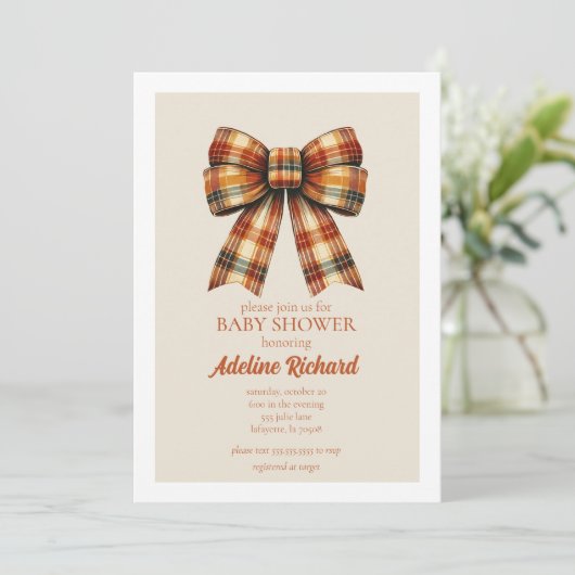 Plaid Bow Herfst Baby shower Uitnodiging (Staand voorkant)