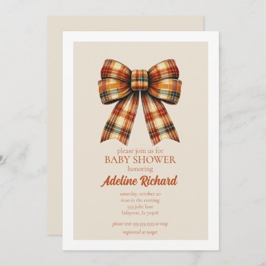 Plaid Bow Herfst Baby shower Uitnodiging (Voorkant / Achterkant)