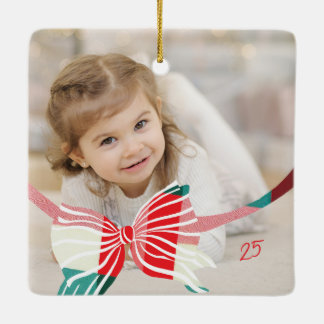 Plaid Bow Jaarlijkse Keepsake Foto's Kerstmis Keramisch Ornament