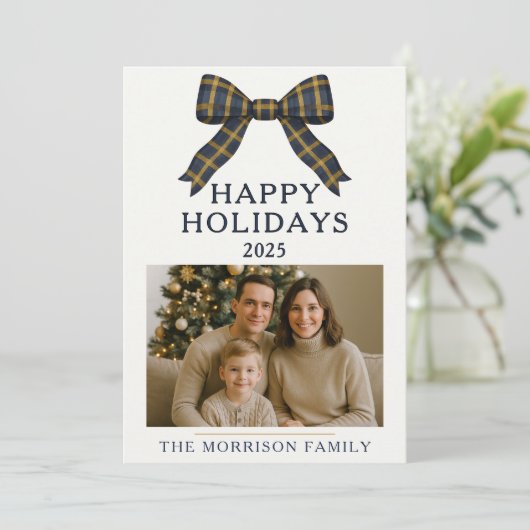 Plaid Bow Kerstfoto Vakantie Flat Kaart (Staand voorkant)