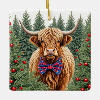 Plaid Bow Stropdas Highland Koe Kerstversiering –  Keramisch Ornament