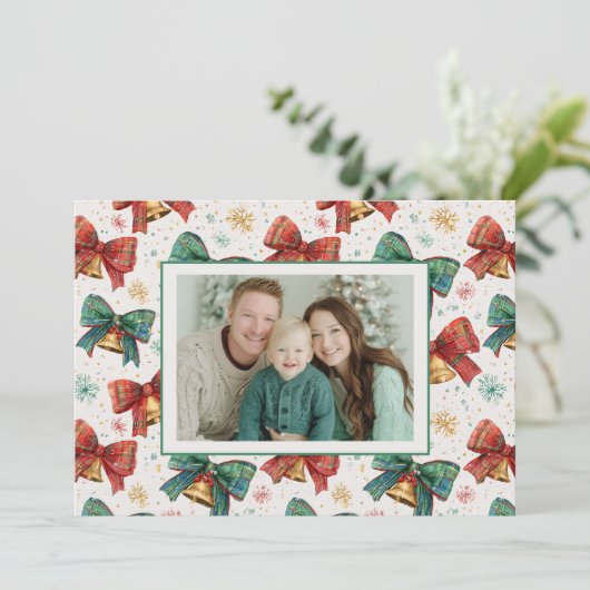Plaid Bows Bells Foto Kerst Kaart (Staand voorkant)
