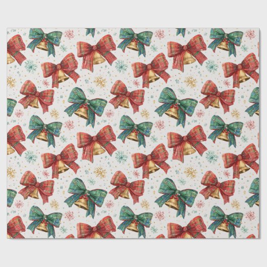 Plaid Bows Bells Retro Kerstmis Cadeaupapier (Vlak)