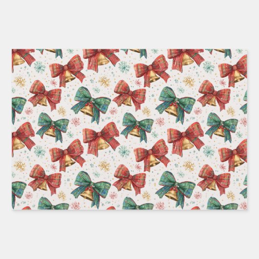 Plaid Bows Bells Retro Kerstmis Inpakpapier Vel (Voorkant)