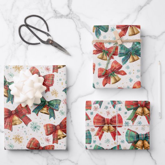 Plaid Bows Bells Retro Kerstmis Inpakpapier Vel (Voorkant)