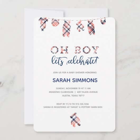 Plaid Boy Clothesline Baby shower Uitnodiging (Voorkant)