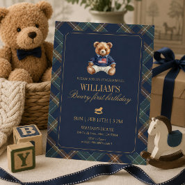Plaid Boy Teddy Navy Schotse ruit Beer 1e verjaard Kaart
