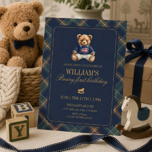 Plaid Boy Teddy Navy Schotse ruit Beer 1e verjaard Kaart