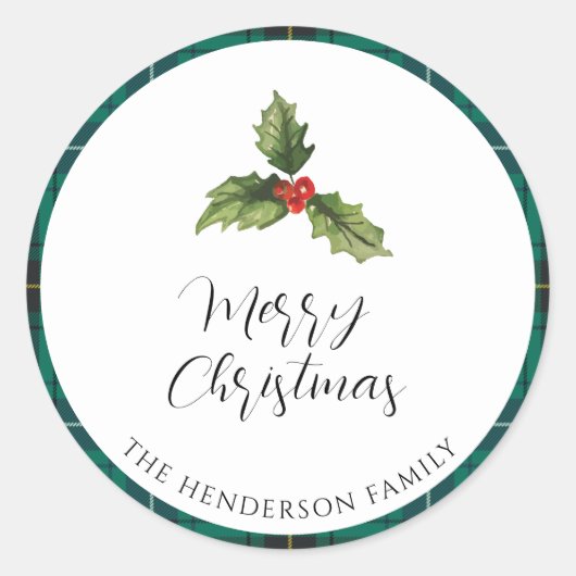 Plaid Christmas Mistletoe Tartan Retouradres Ronde Sticker (Voorkant)