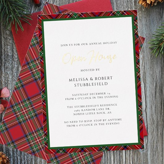Plaid Christmas Open House Stewart Tartan Gold Folie Uitnodiging