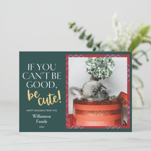 Plaid Christmas Pet Foto Feestdagenkaart (Staand voorkant)