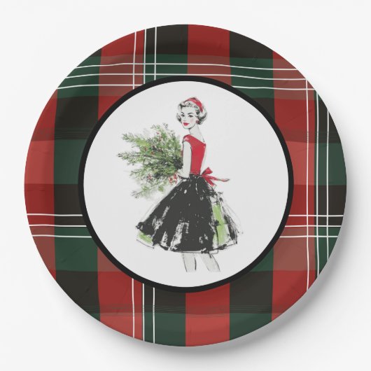 Plaid Christmas Plate in Retro Papieren Bordje (Voorkant)