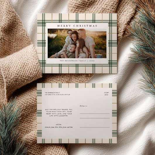 Plaid Christmas Postcard with Photo Feestdagenkaart