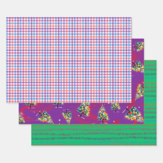 Plaid, Christmas Trees, & Green Dash, 3-Pack Matte Inpakpapier Vel