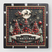 Plaid Christmas Trees Santa Sleigh Vierkante Klok (Voorkant)