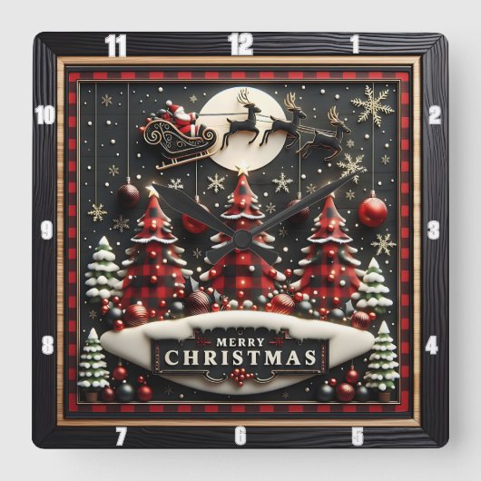 Plaid Christmas Trees Santa Sleigh Vierkante Klok (Voorkant)