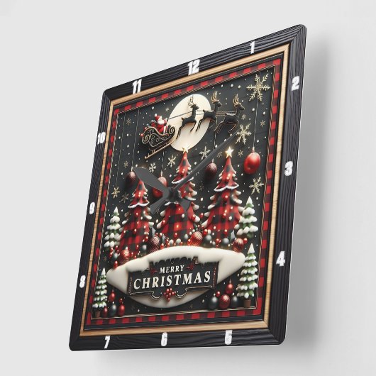 Plaid Christmas Trees Santa Sleigh Vierkante Klok (Hoek)