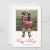 Plaid Coquette Bow & Holly Foto Kerstmis Feestdagenkaart (Voorkant)