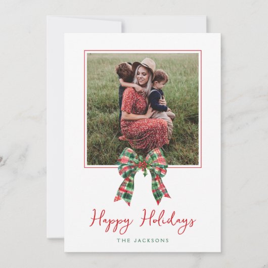 Plaid Coquette Bow & Holly Foto Kerstmis Feestdagenkaart (Voorkant)