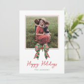 Plaid Coquette Bow & Holly Foto Kerstmis Feestdagenkaart (Staand voorkant)