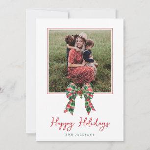 Plaid Coquette Bow & Holly Foto Kerstmis Feestdagenkaart