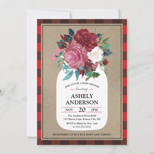 Plaid Country Mason Jar Baby shower Uitnodiging (Voorkant)