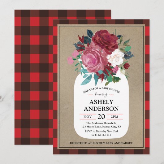 Plaid Country Mason Jar Baby shower Uitnodiging (Voorkant / Achterkant)