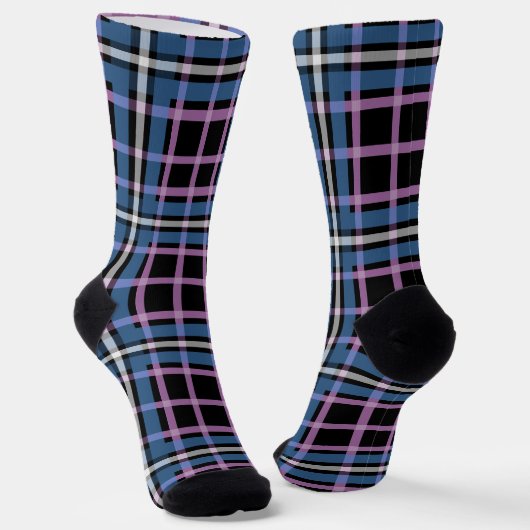 Plaid Crew Sokken – Blauw & Lavendel Geruite Stijl (Gebogen)