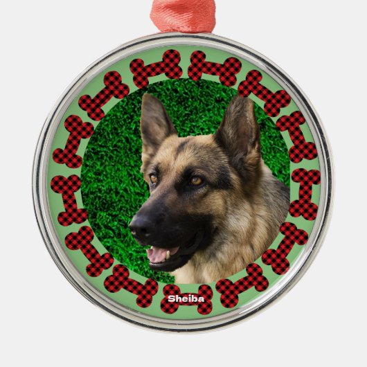 Plaid Dog Bone Lijst Schattige Doge Foto Kerstmis Metalen Ornament (Voorkant)
