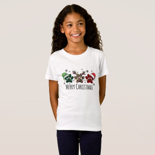 Plaid Dog Paw Prints Zwart Vrolijk Kerstmis Tekst T-shirt (Voorkant volledig)