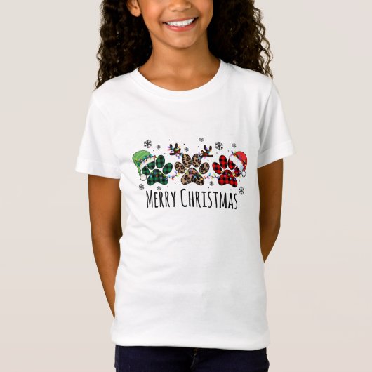 Plaid Dog Paw Prints Zwart Vrolijk Kerstmis Tekst T-shirt (Voorkant)