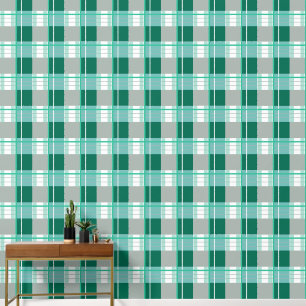 Plaid effect fris groen, blauwgroen, grijs en wit behang