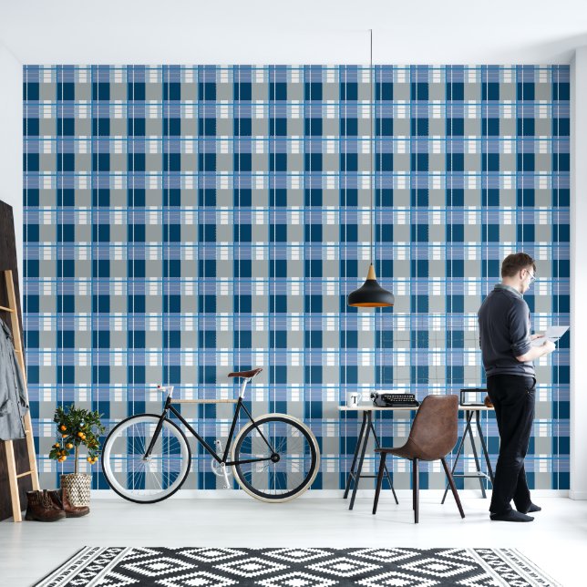 Plaid effect kalm blauw grijs en wit behang (Woonkamer)