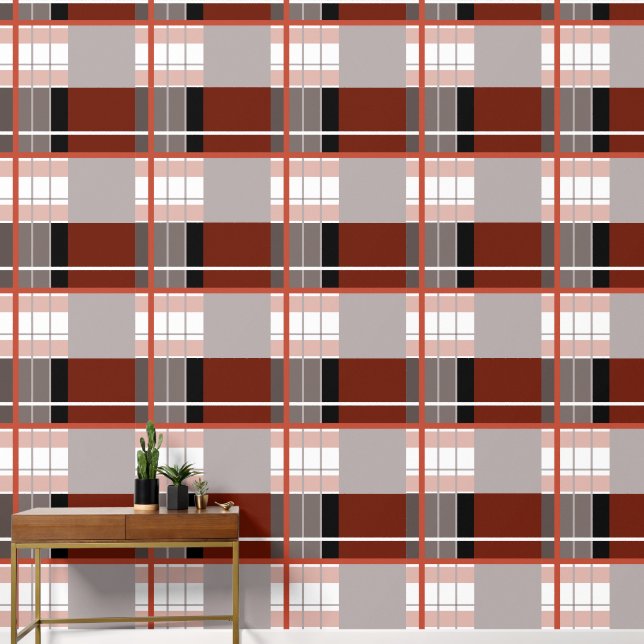 Plaid effect opvallend rood, grijs, zwart en wit behang (Hal)