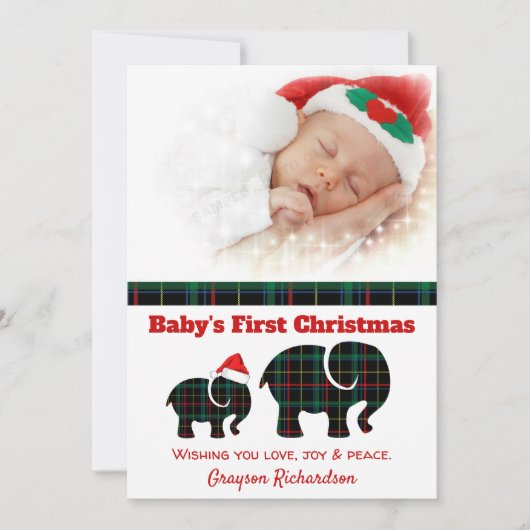 Plaid Elephants Baby's eerste kerstfoto Feestdagenkaart (Voorkant)