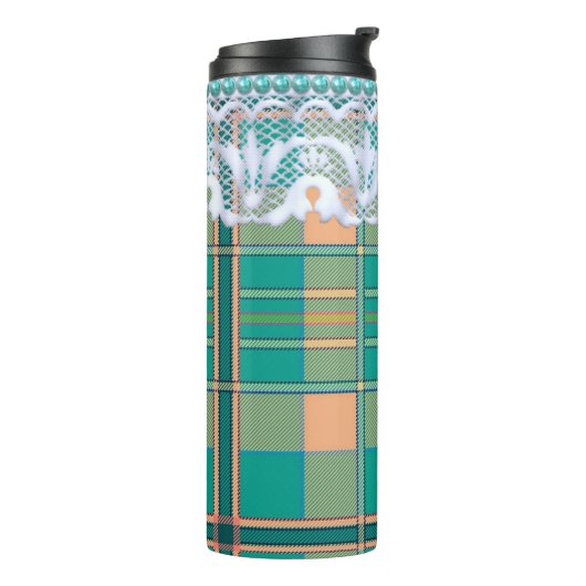 Plaid en kant groen en perzik schattig girly thermosbeker (Gedraaid links)