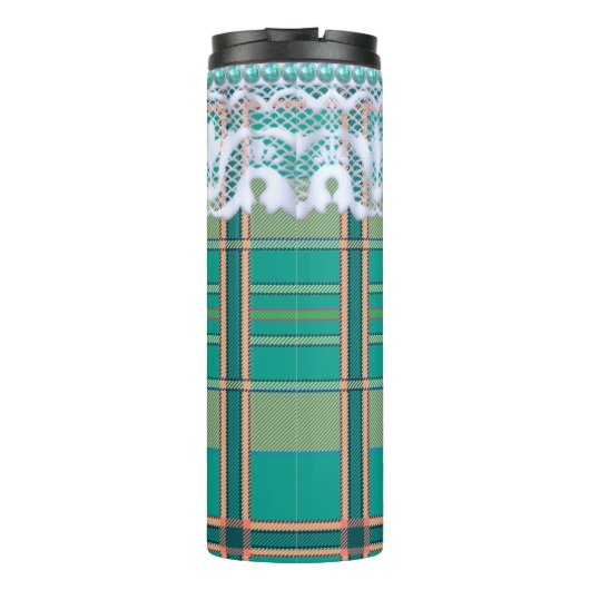 Plaid en kant groen en perzik schattig girly thermosbeker (Achterkant)