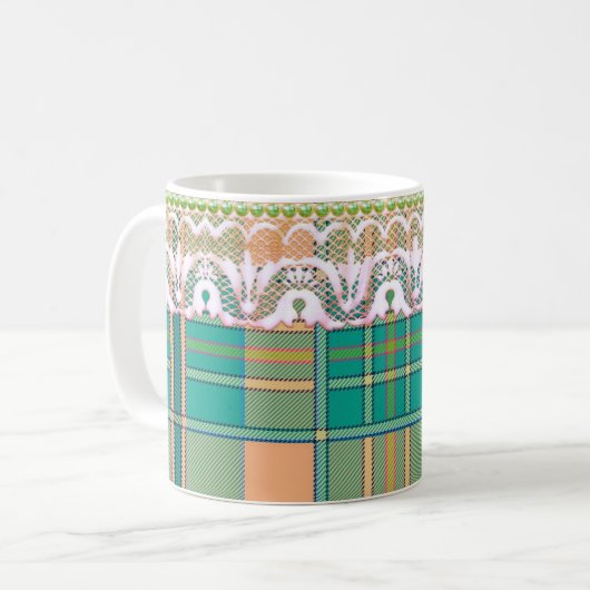 Plaid en kant groene perzik schattig girly koffiemok (Voorkant links)